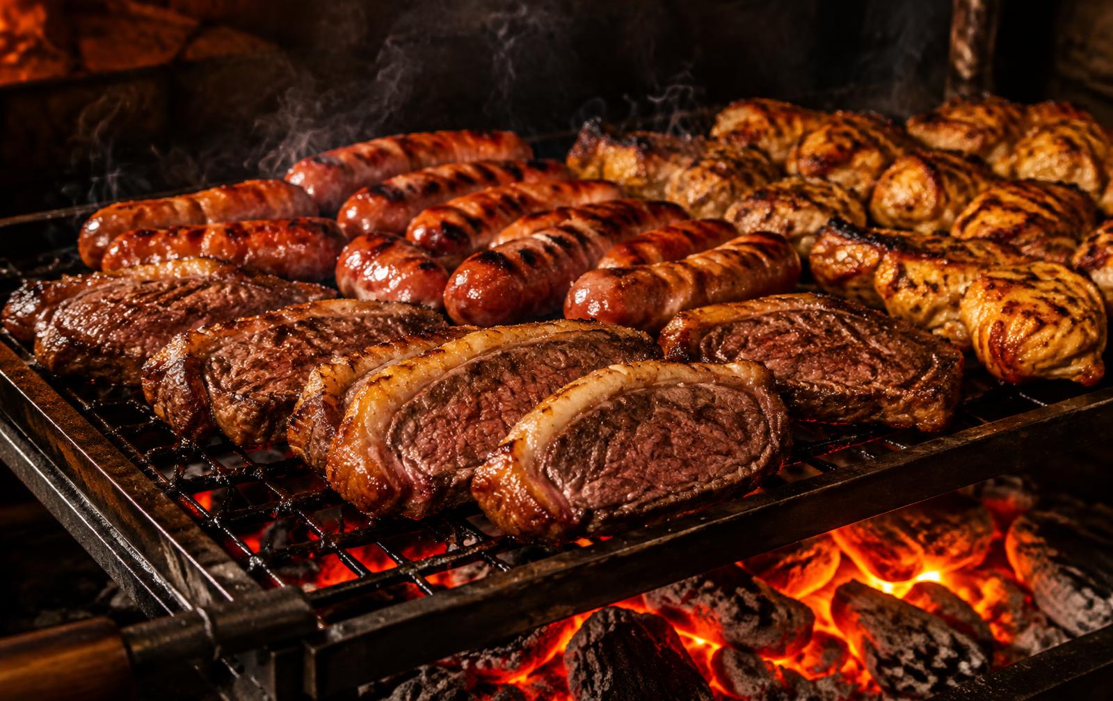 Carnes assando na brasa: contra filé, linguiça e frango